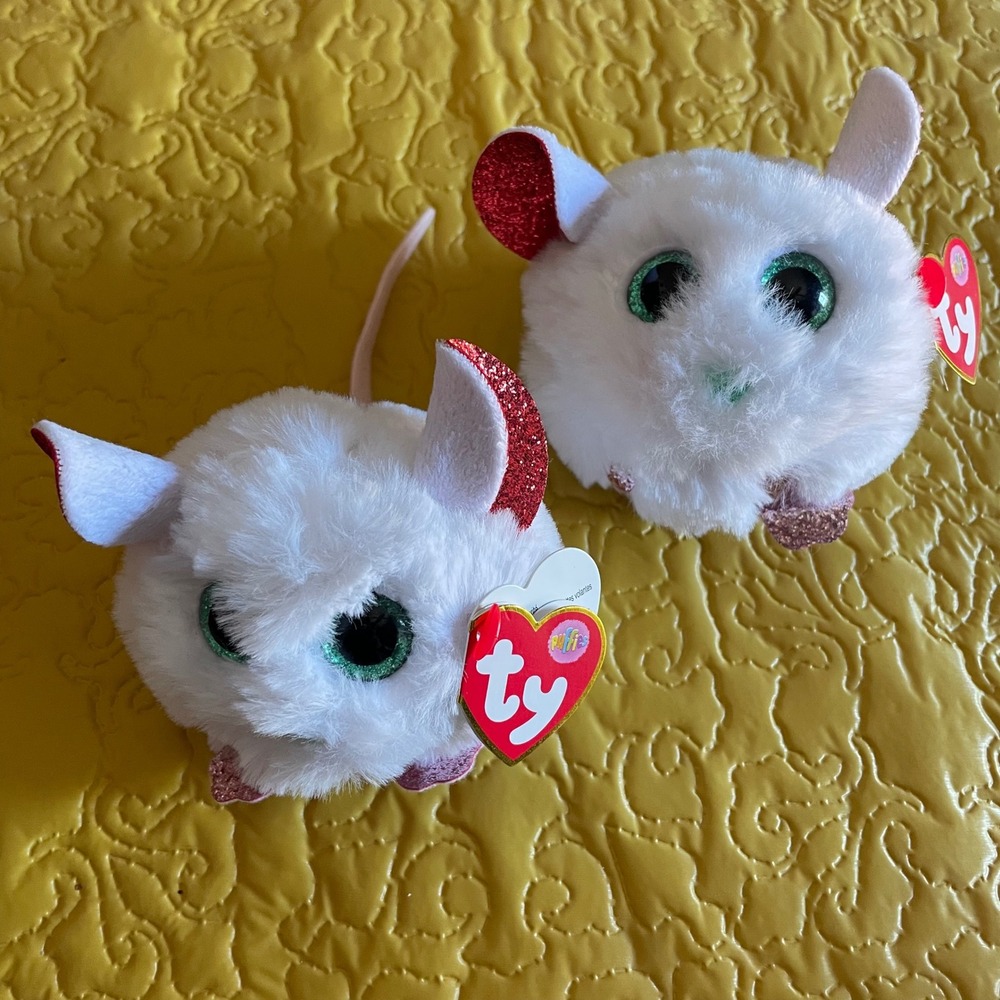 Ty Puffies Brie pair 2021‎ Mouse Plush Toy Stuffed Animal White Red Glitter Kids
